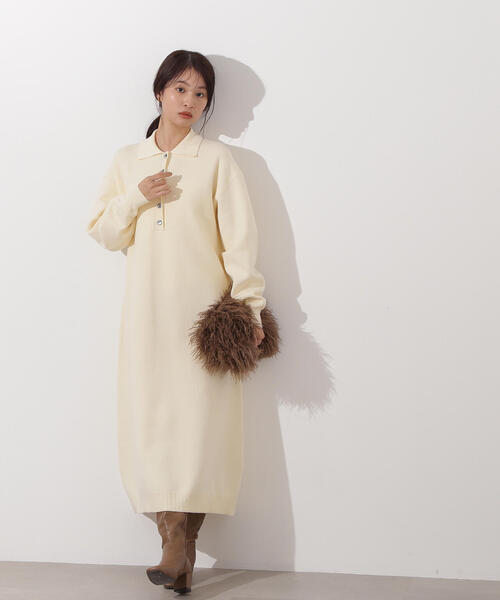 N.（N. Natural Beauty Basic）（エヌエヌナチュラルビューティーベーシック）の「スキッパーネックニットワンピース（ワンピース・レディース・チャコールグレー/オフホワイト/キャメル・MEDIUM）」の7枚目の写真