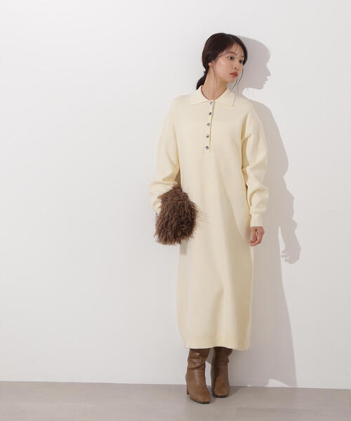 N.（N. Natural Beauty Basic）（エヌエヌナチュラルビューティーベーシック）の「スキッパーネックニットワンピース（ワンピース・レディース・チャコールグレー/オフホワイト/キャメル・MEDIUM）」の8枚目の写真