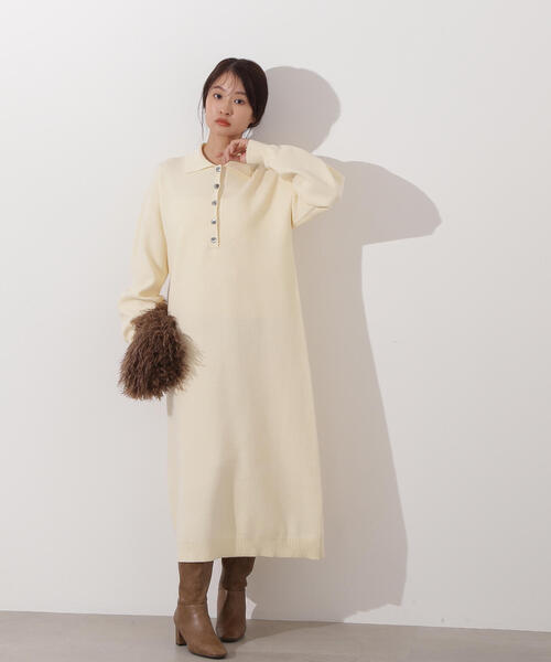 N.（N. Natural Beauty Basic）（エヌエヌナチュラルビューティーベーシック）の「スキッパーネックニットワンピース（ワンピース・レディース・チャコールグレー/オフホワイト/キャメル・MEDIUM）」の9枚目の写真