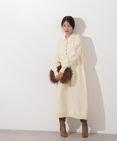 N.（N. Natural Beauty Basic）（エヌエヌナチュラルビューティーベーシック）の「スキッパーネックニットワンピース（ワンピース・レディース・チャコールグレー/オフホワイト/キャメル・MEDIUM）」の10枚目の写真