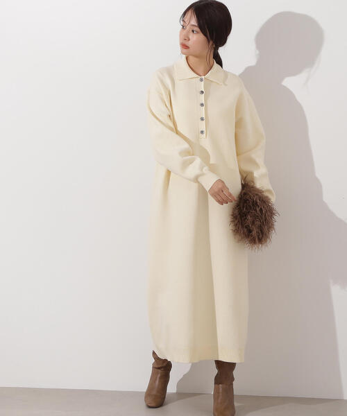 N.（N. Natural Beauty Basic）（エヌエヌナチュラルビューティーベーシック）の「スキッパーネックニットワンピース（ワンピース・レディース・チャコールグレー/オフホワイト/キャメル・MEDIUM）」の12枚目の写真