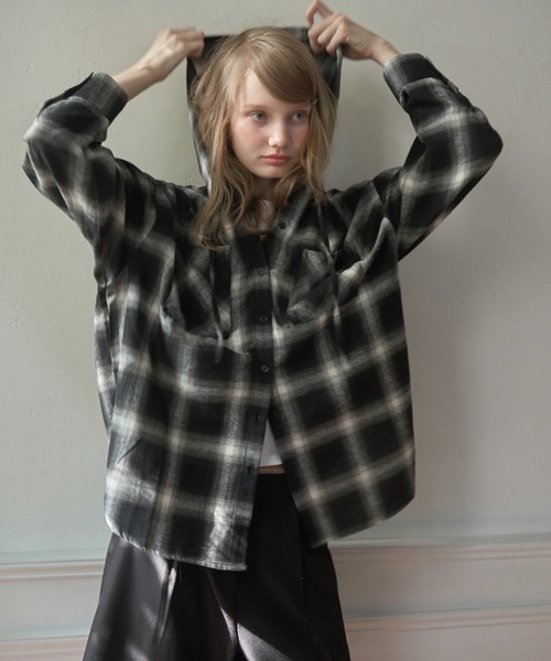 Birthday room（バースデイルーム）の「フードビッグチェックシャツ/hooded big check shirt（シャツ/ブラウス・レディース・ブルー/ブラック・FREE）」の6枚目の写真