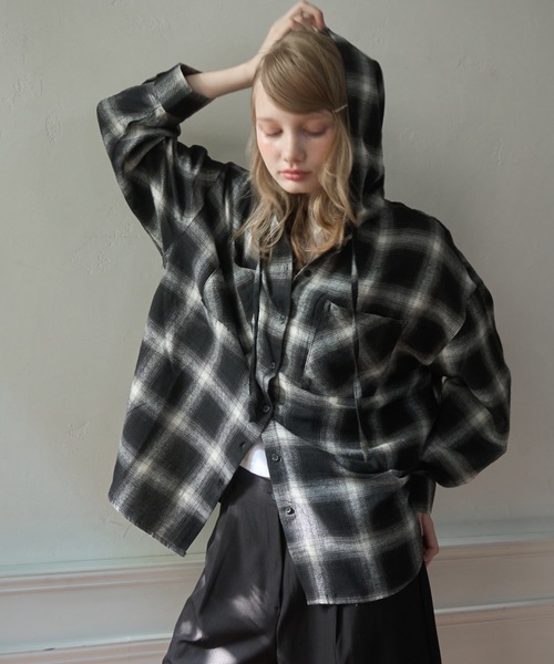 Birthday room（バースデイルーム）の「フードビッグチェックシャツ/hooded big check shirt（シャツ/ブラウス・レディース・ブルー/ブラック・FREE）」の7枚目の写真
