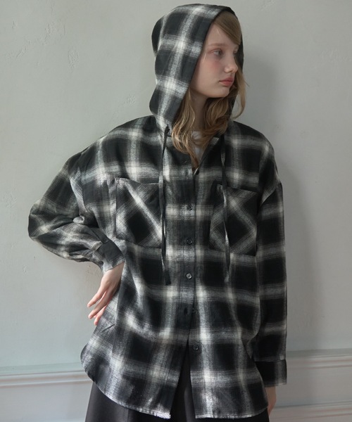 Birthday room（バースデイルーム）の「フードビッグチェックシャツ/hooded big check shirt（シャツ/ブラウス・レディース・ブルー/ブラック・FREE）」の16枚目の写真
