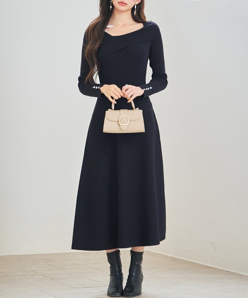 レディース アシンメトリネック 長袖 ロング丈 ニットワンピース