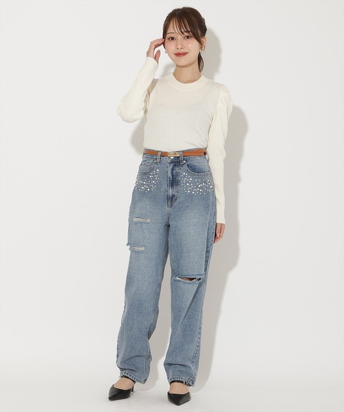 AND COUTURE(アンドクチュール)の「パール×ビジューダメージデニム(デニムパンツ・レディース・ブルー・SMALL/MEDIUM)」の10枚目の写真