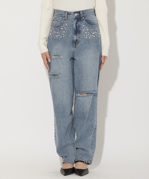 AND COUTURE(アンドクチュール)の「パール×ビジューダメージデニム(デニムパンツ・レディース・ブルー・SMALL/MEDIUM)」の9枚目の写真