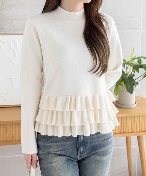 セール】裾フリルニットトップス[オフィスカジュアル 着回し抜群 大人