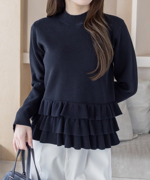 CLEAR BASIC（クリアベーシック）の「裾フリルニットトップス[オフィスカジュアル 着回し抜群 大人 フェミニン]≪AW新作≫（ニット/セーター・レディース・グレー/アイボリー/ブラック・F）」の2枚目の写真