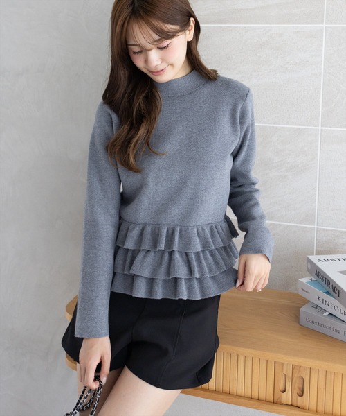 セール】裾フリルニットトップス[オフィスカジュアル 着回し抜群 大人