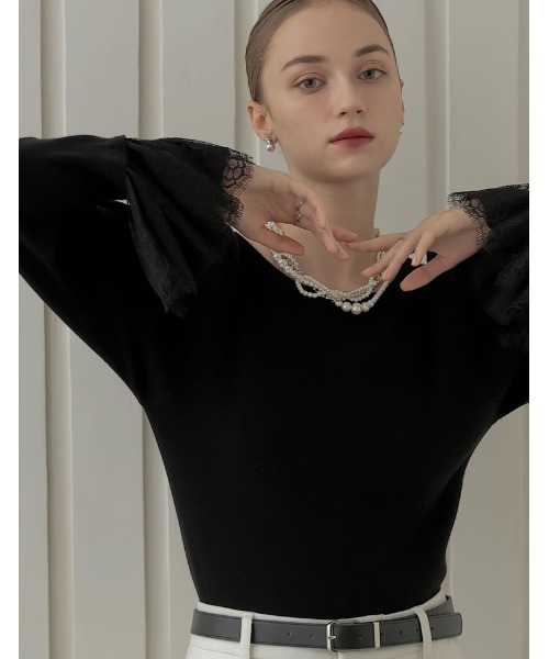 MEISM（ミズム）の「[MEISM by Re:EDIT][2025AW COLLECTION]リバーレースフリルボートネックニット（ニット/セーター・レディース・ホワイト/ブラック・MEDIUM/LARGE）」の6枚目の写真