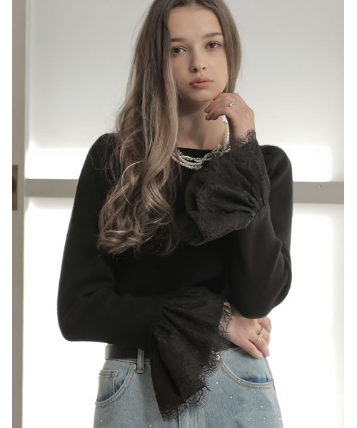 MEISM（ミズム）の「[MEISM by Re:EDIT][2025AW COLLECTION]リバーレースフリルボートネックニット（ニット/セーター・レディース・ホワイト/ブラック・MEDIUM/LARGE）」の9枚目の写真