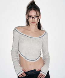 New Label Ribbed U-Line Long Sleeve Top (White Melange)