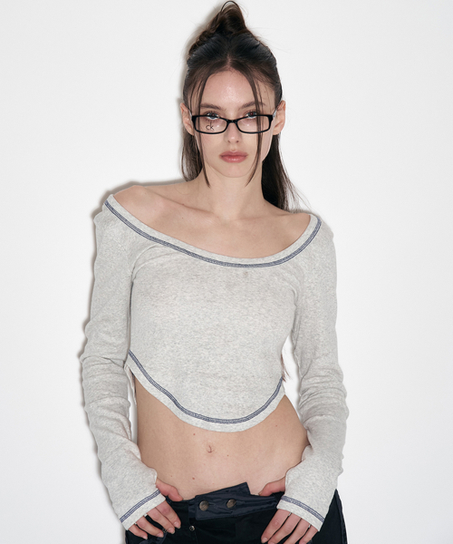 PLEASENOFOLLOW(プリーズノーフォロー)の「New Label Ribbed U-Line Long Sleeve Top (White Melange)(Tシャツ/カットソー・レディース・その他・FREE)」の1枚目の写真