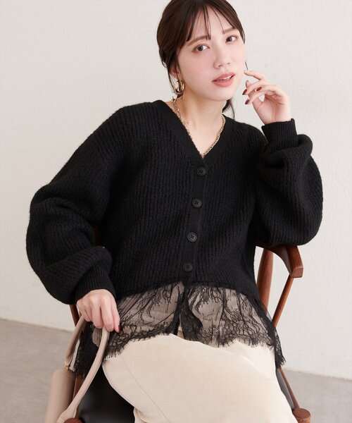 natural couture(ナチュラルクチュール)の「裾レースカーディガン(ニット/セーター・レディース・ブラック/オフホワイト/モカ/ネイビー・FREE)」の2枚目の写真