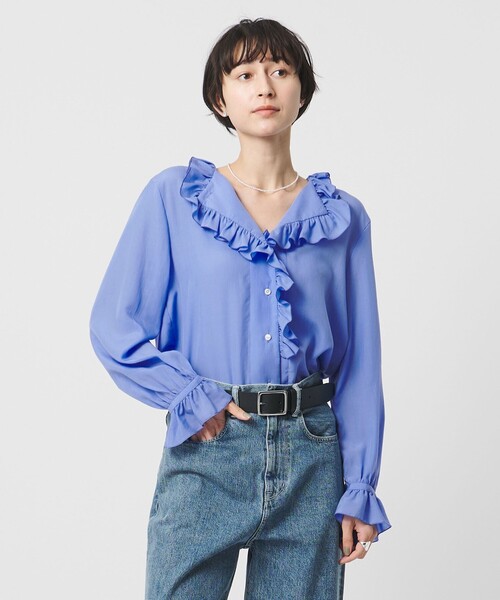 UNITED ARROWS（ユナイテッドアローズ）の「フリルカラー 2WAY ブラウス ‐ウォッシャブル‐（シャツ/ブラウス・レディース・オフホワイト/その他1/ライトブルー・FREE）」の2枚目の写真