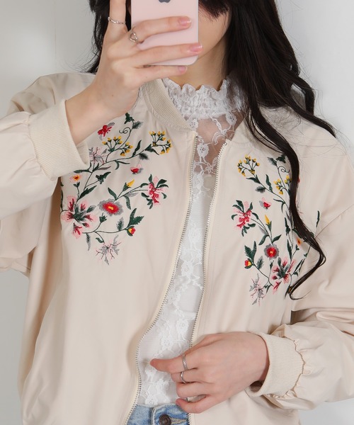 セール】花刺繍 ジップアップ スカジャン風ブルゾン（ブルゾン