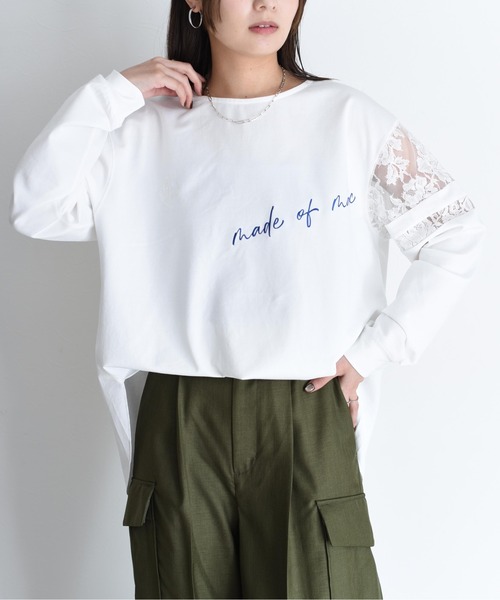 Eimee Law（エイミーロウ）の「スリーブレース テキスト刺繍ラウンドヘムトップス（Tシャツ/カットソー・レディース・オフホワイト/ブラック/アイボリー・FREE）」の2枚目の写真