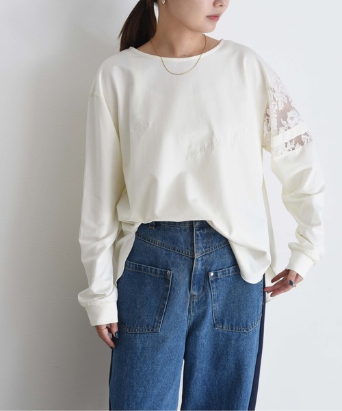 Eimee Law（エイミーロウ）の「スリーブレース テキスト刺繍ラウンドヘムトップス（Tシャツ/カットソー・レディース・オフホワイト/ブラック/アイボリー・FREE）」の13枚目の写真