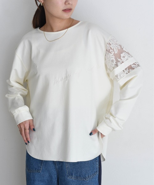 Eimee Law（エイミーロウ）の「スリーブレース テキスト刺繍ラウンドヘムトップス（Tシャツ/カットソー・レディース・オフホワイト/ブラック/アイボリー・FREE）」の17枚目の写真