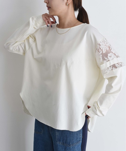 Eimee Law（エイミーロウ）の「スリーブレース テキスト刺繍ラウンドヘムトップス（Tシャツ/カットソー・レディース・オフホワイト/ブラック/アイボリー・FREE）」の18枚目の写真