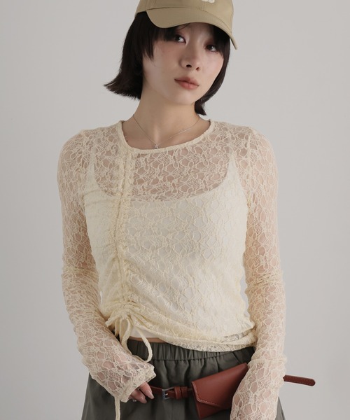 Ulysses(ユリシス)の「アシンメトリードロスト袖ストレッチレーストップス(Tシャツ/カットソー・レディース・ブラック/ナチュラル・M)」の1枚目の写真
