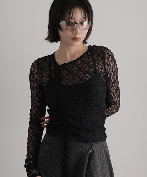 Ulysses(ユリシス)の「アシンメトリードロスト袖ストレッチレーストップス(Tシャツ/カットソー・レディース・ブラック/ナチュラル・M)」の2枚目の写真