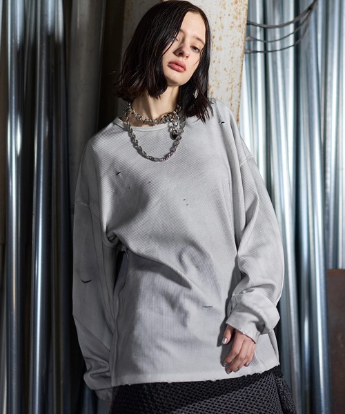 ERAR（エラー）の「【ERAR】ヴィンテージライクハイダメージワッフルクルーネックロンT（Tシャツ/カットソー・メンズ・ブラック/ホワイト・S/M/L/XL）」の2枚目の写真