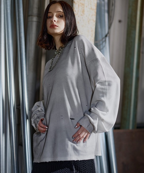 ERAR（エラー）の「【ERAR】ヴィンテージライクハイダメージワッフルクルーネックロンT（Tシャツ/カットソー・メンズ・ブラック/ホワイト・S/M/L/XL）」の3枚目の写真