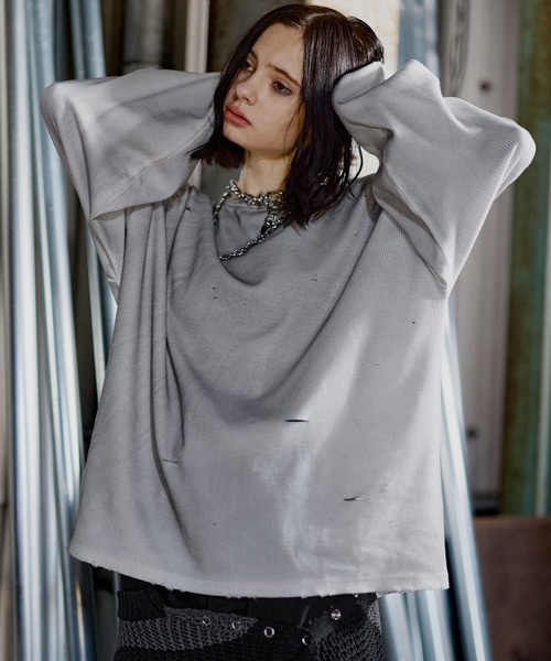 ERAR（エラー）の「【ERAR】ヴィンテージライクハイダメージワッフルクルーネックロンT（Tシャツ/カットソー・メンズ・ブラック/ホワイト・S/M/L/XL）」の4枚目の写真