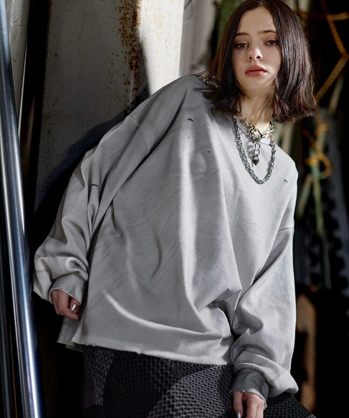 ERAR（エラー）の「【ERAR】ヴィンテージライクハイダメージワッフルクルーネックロンT（Tシャツ/カットソー・メンズ・ブラック/ホワイト・S/M/L/XL）」の5枚目の写真