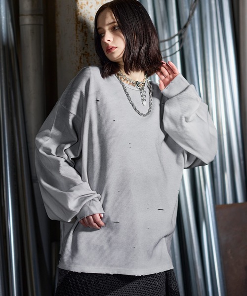 ERAR（エラー）の「【ERAR】ヴィンテージライクハイダメージワッフルクルーネックロンT（Tシャツ/カットソー・メンズ・ブラック/ホワイト・S/M/L/XL）」の7枚目の写真