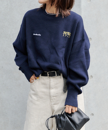 追加2 ロゴ刺繍スウェットライククルーネックニットプルオーバー