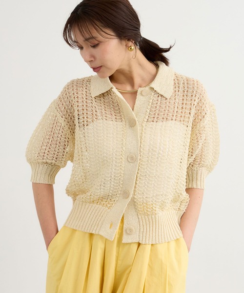 BARNYARDSTORM（バンヤードストーム）の「BARNYARDSTORM / 透かし編みポロ半袖ニット（ニット/セーター・レディース・アイボリー/ブラック・FREE）」の2枚目の写真