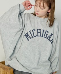 ストレッチ天竺 袖ボリューム MICHIGAN ロゴ プリント ドルマン Tシャツ