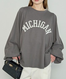 ストレッチ天竺 袖ボリューム MICHIGAN ロゴ プリント ドルマン Tシャツ