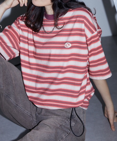 Anchor Smith(アンカー スミス)の「ヴィンテージライク ドローコード オンブレボーダー 半袖Tシャツ(Tシャツ/カットソー・レディース・チャコールグレー/ブルー/ブラック/ブラウン/レッド・M/L)」の5枚目の写真