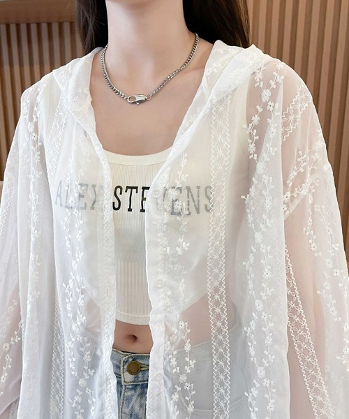 UVカット ・接触冷感 シースルーパーカー 刺繍シアーフード付きサマー