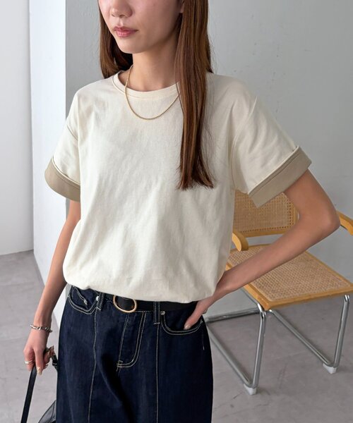 DISCOAT(ディスコート)の「【WEB限定 】袖バイカラークルーネックTシャツ(Tシャツ/カットソー・レディース・ライトグレー/チャコールグレー/アイボリー・MEDIUM)」の5枚目の写真