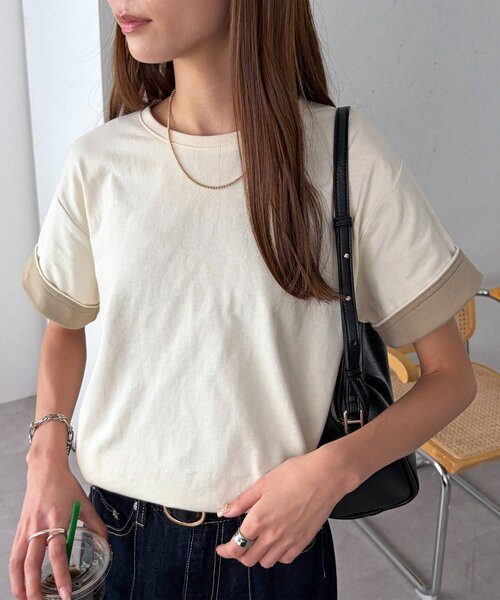 DISCOAT(ディスコート)の「【WEB限定 】袖バイカラークルーネックTシャツ(Tシャツ/カットソー・レディース・ライトグレー/チャコールグレー/アイボリー・MEDIUM)」の7枚目の写真