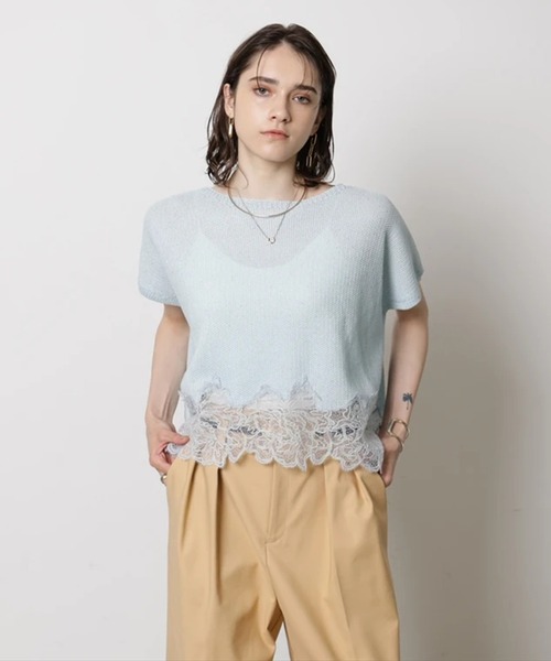 CADUNE(カデュネ)の「裾レースメッシュニット(ニット/セーター・レディース・ホワイト/ネイビー/ライトブルー/モカ/ピンク・38/40)」の18枚目の写真