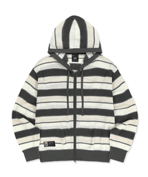 STRIPED JACQUARD HOOD ZIP UP - GREY