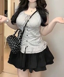 襟リボン チェック柄半袖ブラウス