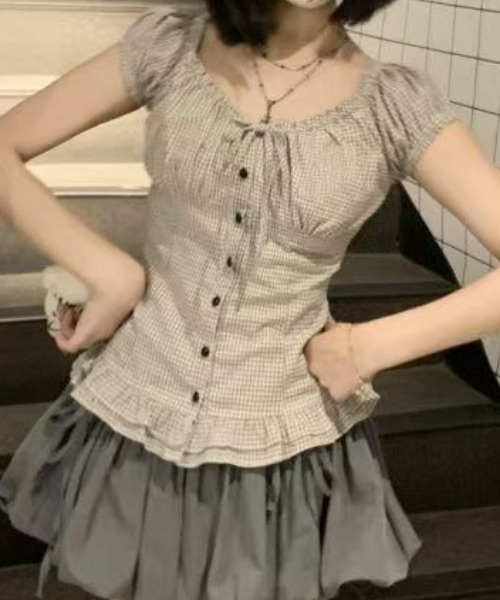 ViViDAY(ビビデー)の「襟リボン チェック柄半袖ブラウス(シャツ/ブラウス・レディース・ベージュ・M)」の7枚目の写真