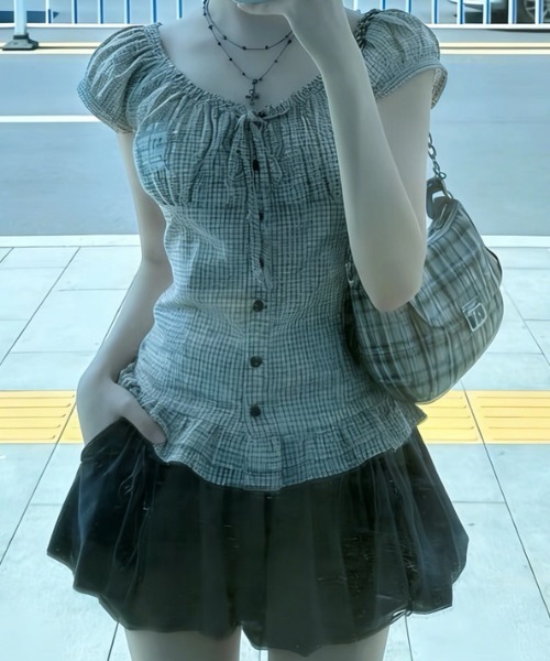 ViViDAY(ビビデー)の「襟リボン チェック柄半袖ブラウス(シャツ/ブラウス・レディース・ベージュ・M)」の9枚目の写真