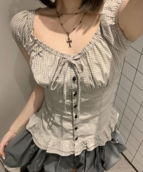 ViViDAY(ビビデー)の「襟リボン チェック柄半袖ブラウス(シャツ/ブラウス・レディース・ベージュ・M)」の11枚目の写真