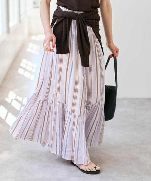 Spick & Span(スピックアンドスパン)の「《別注カラー有》ne Quittez pas CottonVoile StripeSlant Panel Skirt*(スカート・レディース・ラベンダー/ブルー・MEDIUM)」の4枚目の写真