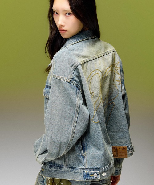 X-girl(エックスガール)の「LOGO MARK STITCHED DENIM JACKET(デニムジャケット・レディース・ピンク/インディゴブルー/ライトインディゴブルー・S/M)」の2枚目の写真