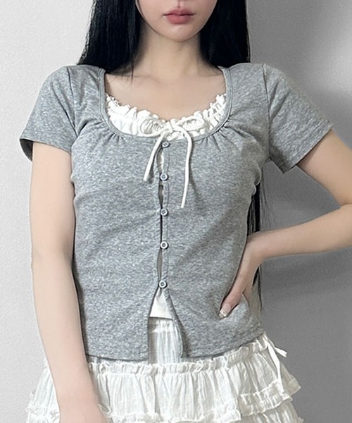 FOLLOWIN(フォロウィン)の「【3COLOR】ネックギャザーリボンレースアップTシャツ(Tシャツ/カットソー・レディース・グレー/ホワイト/ブラック・FREE)」の3枚目の写真