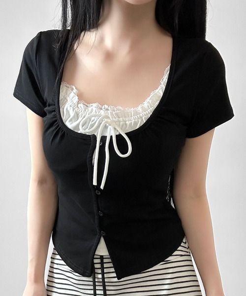 FOLLOWIN(フォロウィン)の「【3COLOR】ネックギャザーリボンレースアップTシャツ(Tシャツ/カットソー・レディース・グレー/ホワイト/ブラック・FREE)」の16枚目の写真